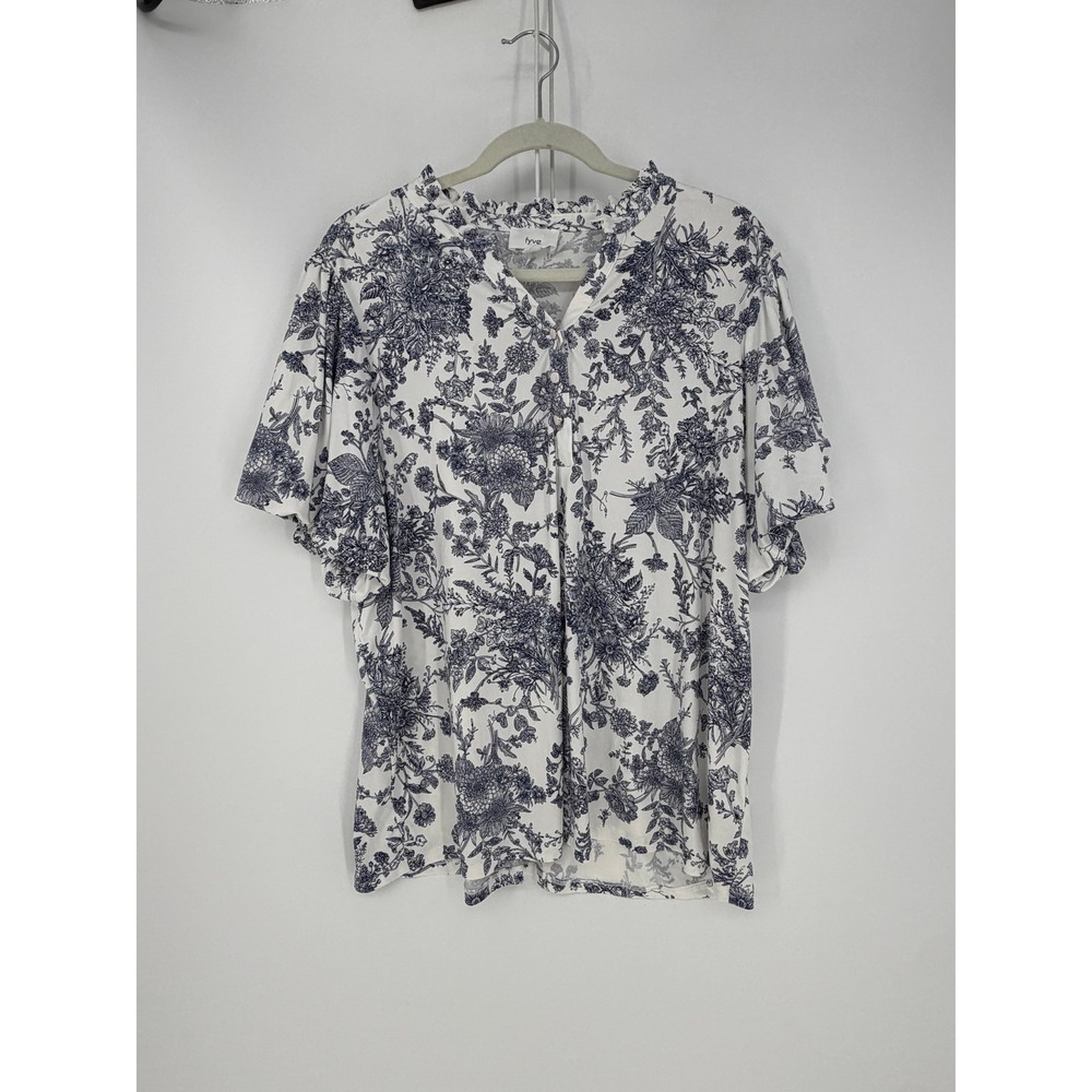 fyve Floral Toile Blouse Womens 2X White Navy Blue Ruffle Neck Cottagecore Top